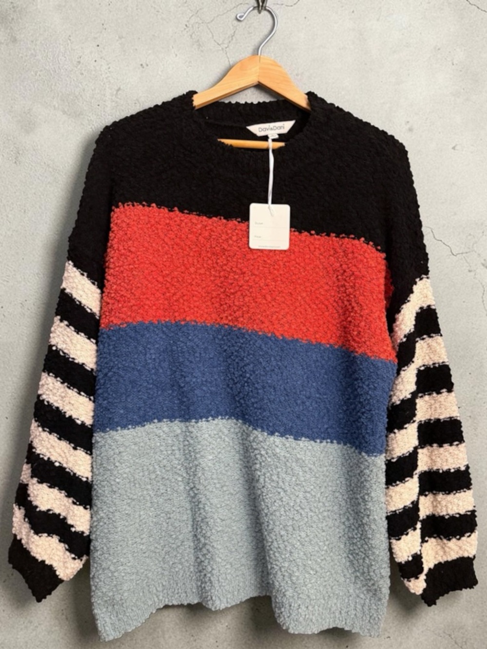DAVI & DANI Black, Red, Blue, and Light Gray Colorblock Bouclé Sweater